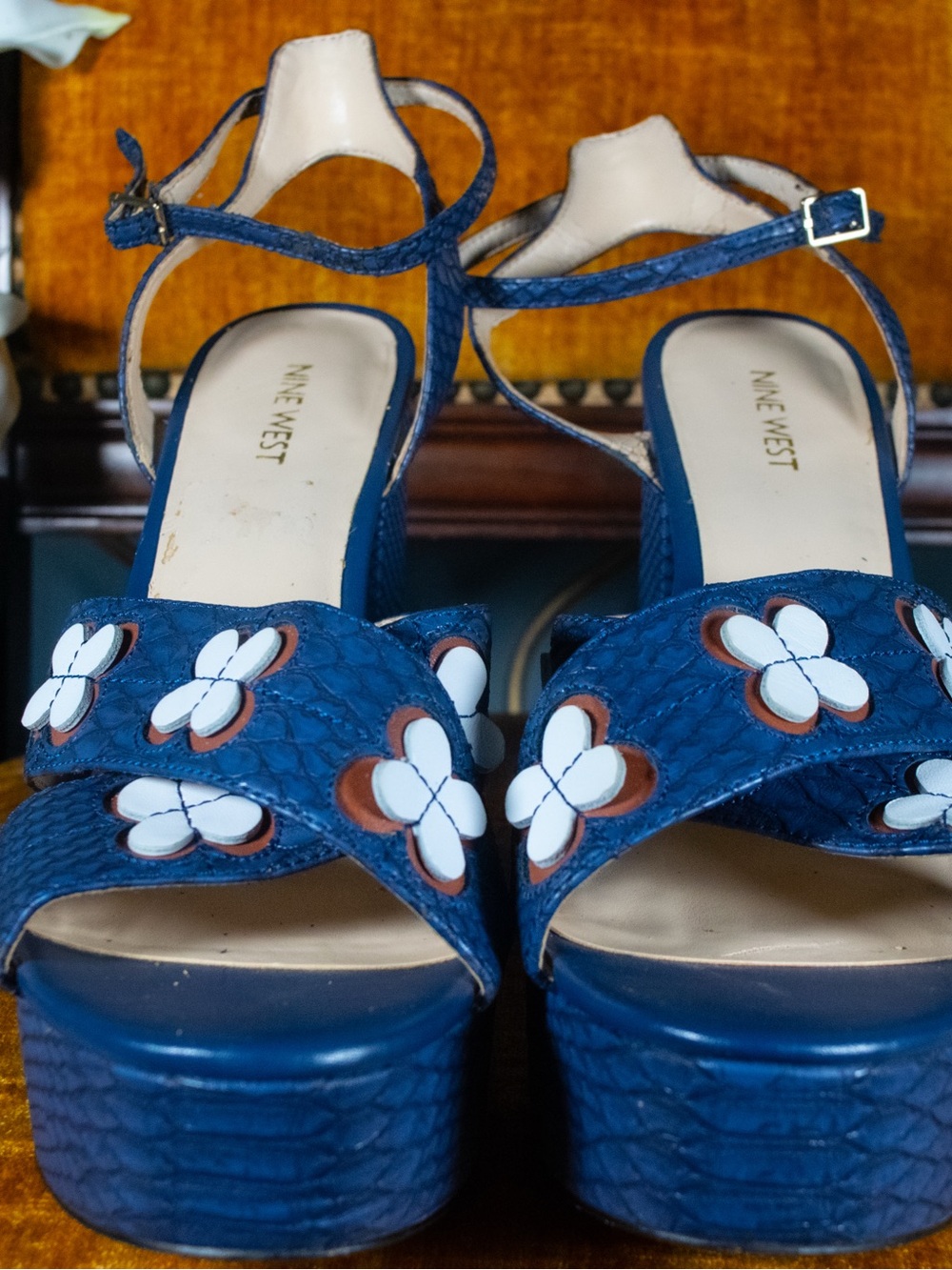Size 12  Nine West Navy Blue Floral Platform Sandals